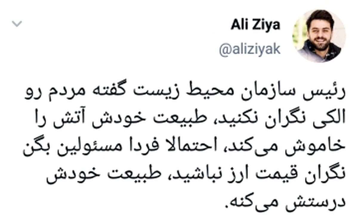 توئیت کنایه آمیز علی ضیاء به سخنان یک مسئول +عکس